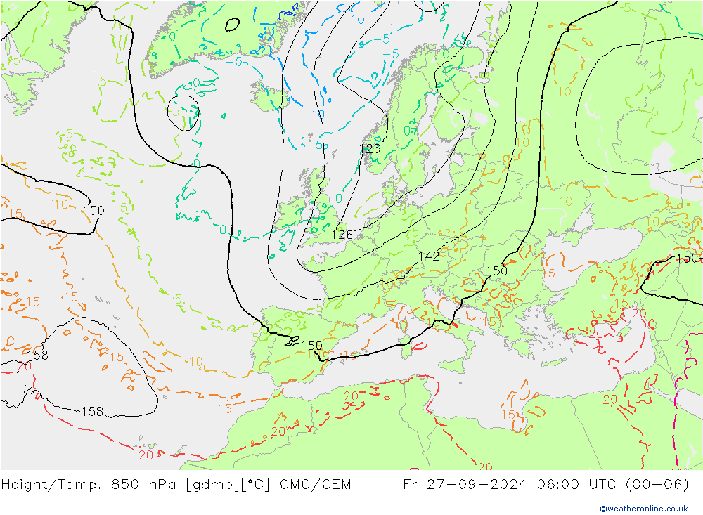 Hoogte/Temp. 850 hPa CMC/GEM vr 27.09.2024 06 UTC