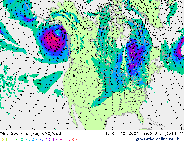 wiatr 850 hPa CMC/GEM wto. 01.10.2024 18 UTC