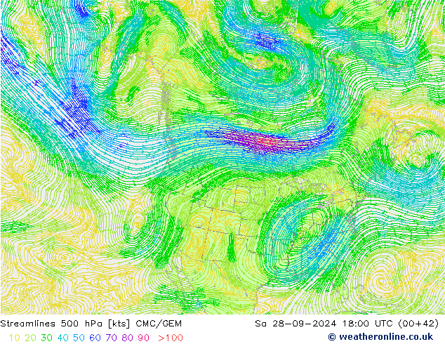 Streamlines 500 hPa CMC/GEM Sa 28.09.2024 18 UTC