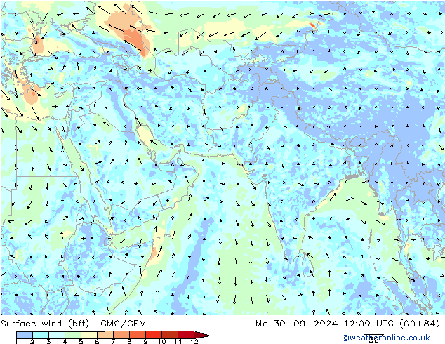 Viento 10 m (bft) CMC/GEM lun 30.09.2024 12 UTC