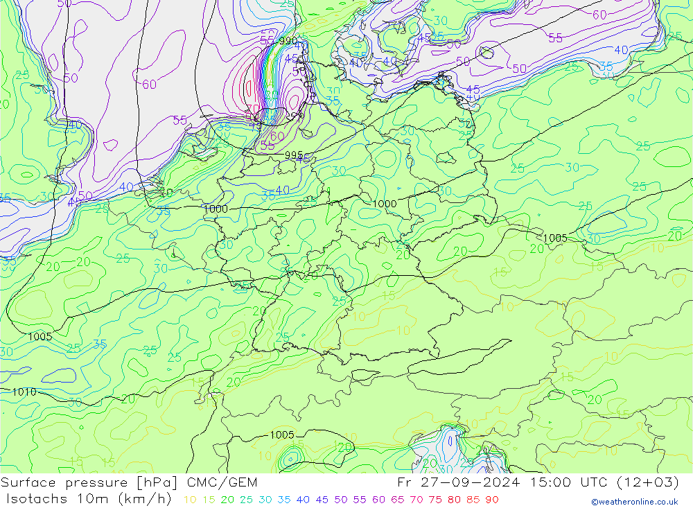 10米等风速线 (kph) CMC/GEM 星期五 27.09.2024 15 UTC