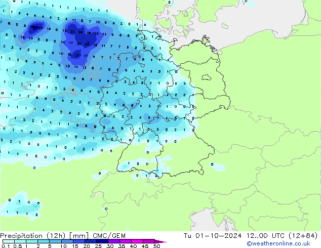 Totale neerslag (12h) CMC/GEM di 01.10.2024 00 UTC