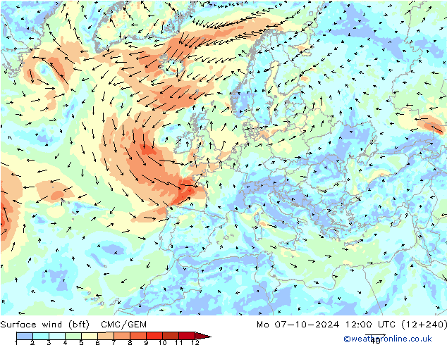 �N 10 米 (bft) CMC/GEM 星期一 07.10.2024 12 UTC