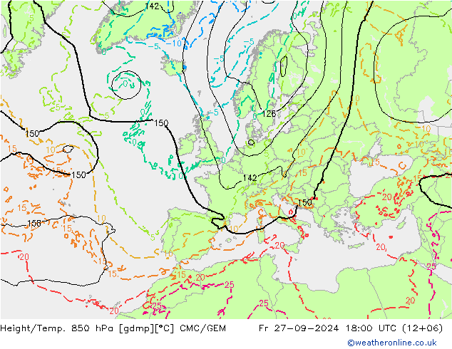 Hoogte/Temp. 850 hPa CMC/GEM vr 27.09.2024 18 UTC