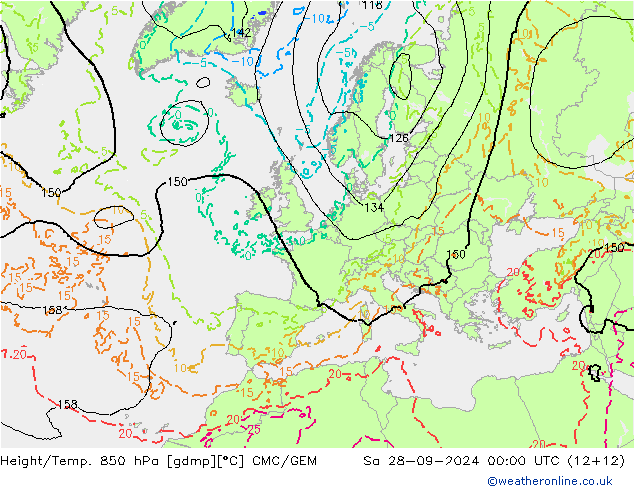 Height/Temp. 850 hPa CMC/GEM 星期六 28.09.2024 00 UTC