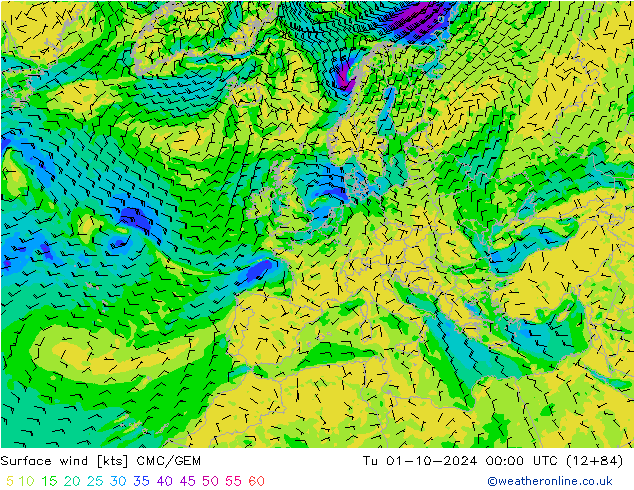 Wind 10 m CMC/GEM di 01.10.2024 00 UTC