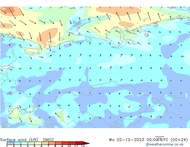Surface wind (bft) CMCC Po 02.10.2023 00 UTC