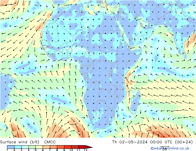 Surface wind (bft) CMCC Čt 02.05.2024 00 UTC