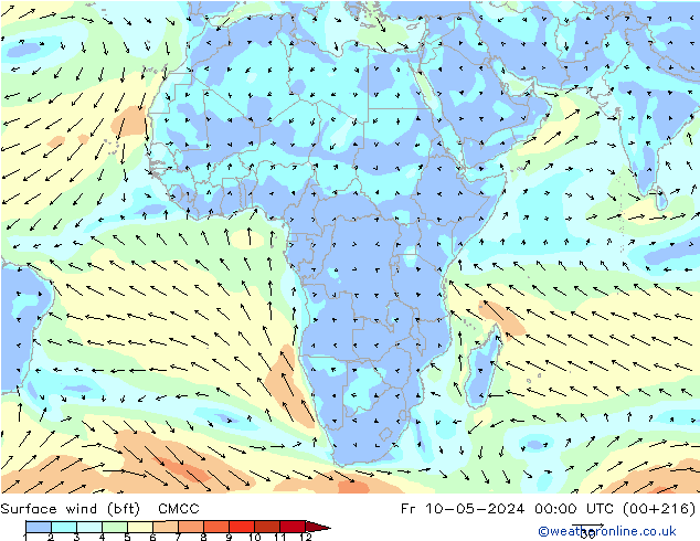 Surface wind (bft) CMCC Pá 10.05.2024 00 UTC