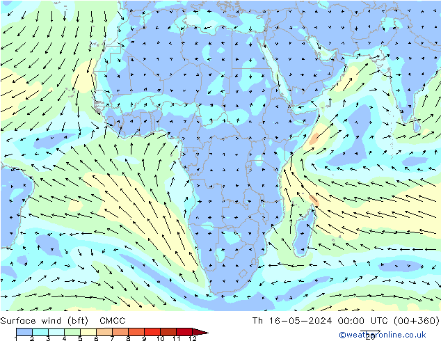 Surface wind (bft) CMCC Th 16.05.2024 00 UTC