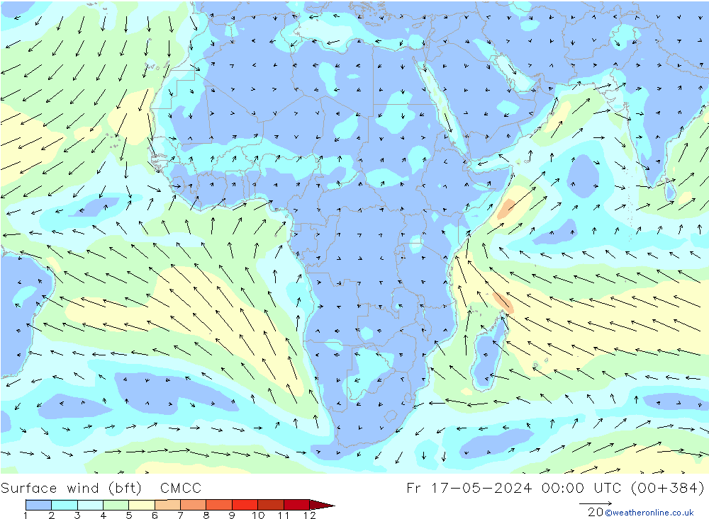 Surface wind (bft) CMCC Pá 17.05.2024 00 UTC