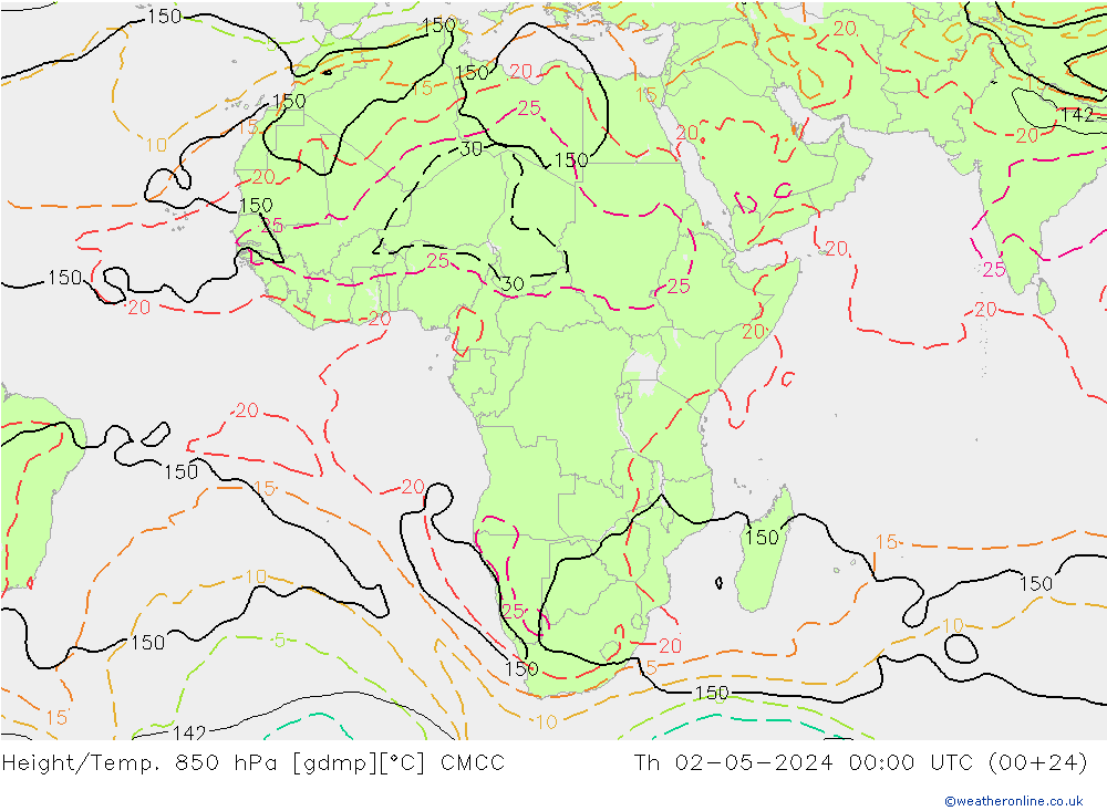 Height/Temp. 850 hPa CMCC Do 02.05.2024 00 UTC