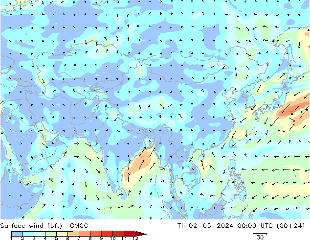 Surface wind (bft) CMCC Čt 02.05.2024 00 UTC