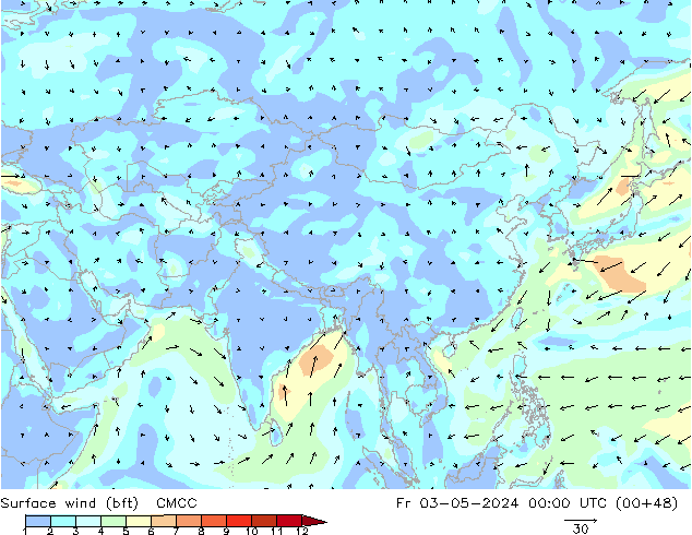 Surface wind (bft) CMCC Pá 03.05.2024 00 UTC