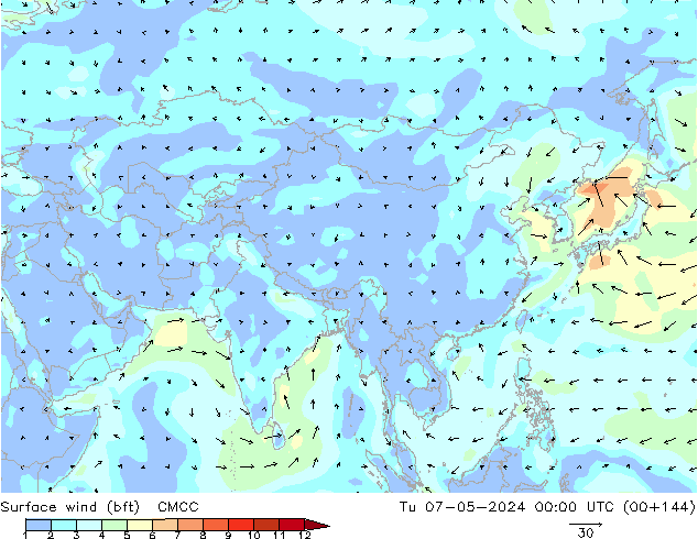 Surface wind (bft) CMCC Út 07.05.2024 00 UTC