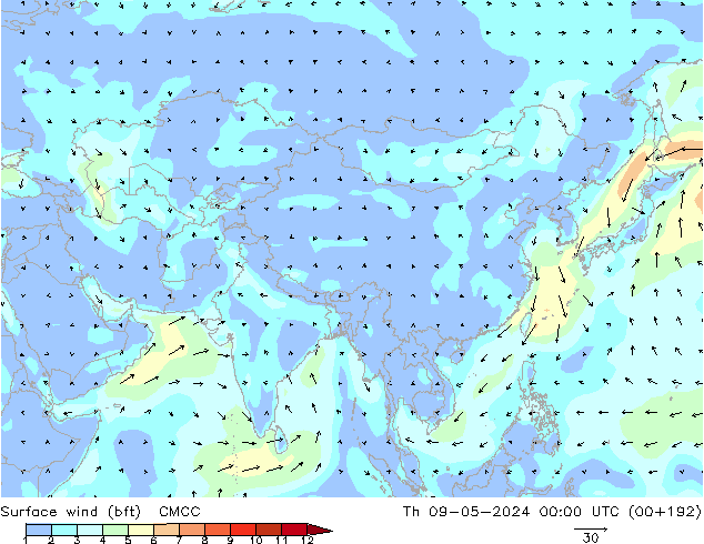 Surface wind (bft) CMCC Th 09.05.2024 00 UTC