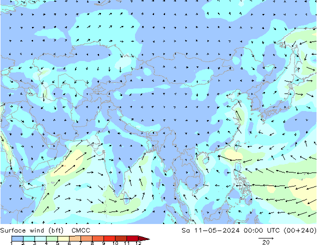 Wind 10 m (bft) CMCC za 11.05.2024 00 UTC