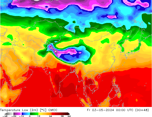 Min.temperatuur (2m) CMCC vr 03.05.2024 00 UTC