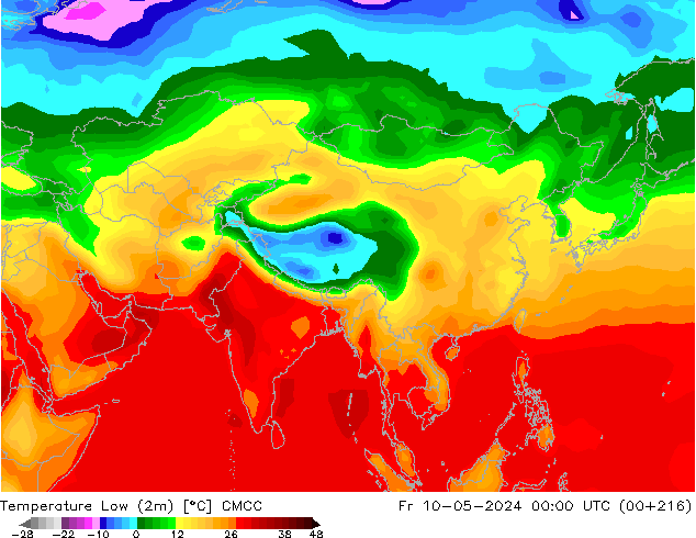 Min.temperatuur (2m) CMCC vr 10.05.2024 00 UTC
