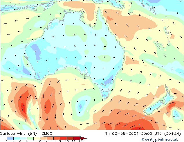 Surface wind (bft) CMCC Th 02.05.2024 00 UTC