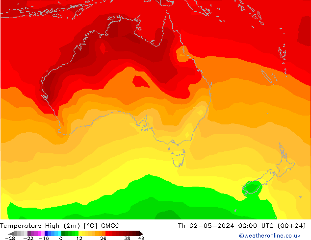 temperatura máx. (2m) CMCC Qui 02.05.2024 00 UTC