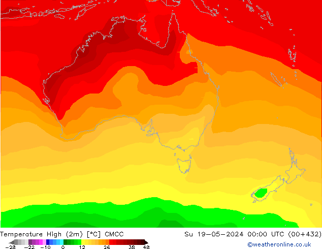 Nejvyšší teplota (2m) CMCC Ne 19.05.2024 00 UTC