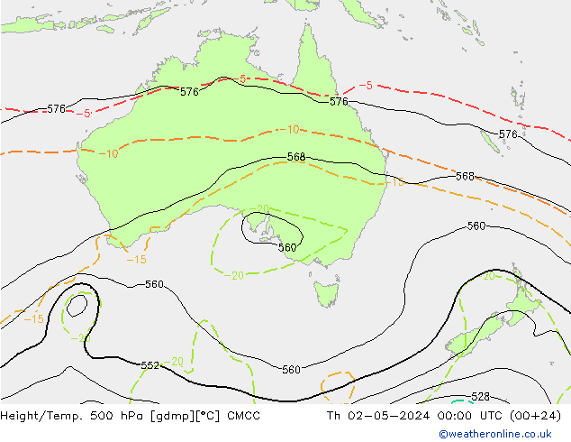 Height/Temp. 500 hPa CMCC Čt 02.05.2024 00 UTC