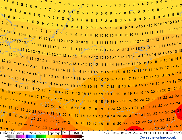 Geop./Temp. 850 hPa CMCC dom 02.06.2024 00 UTC