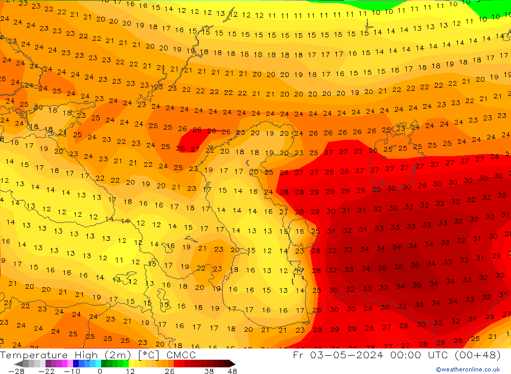 Nejvyšší teplota (2m) CMCC Pá 03.05.2024 00 UTC