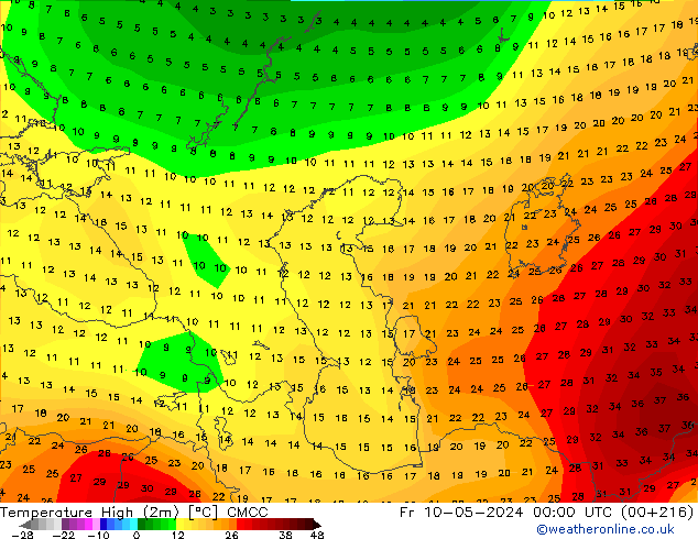 temperatura máx. (2m) CMCC Sex 10.05.2024 00 UTC