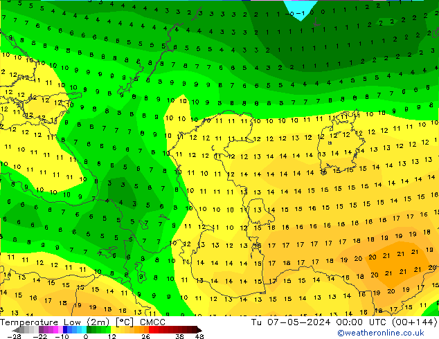 Min.temperatuur (2m) CMCC di 07.05.2024 00 UTC