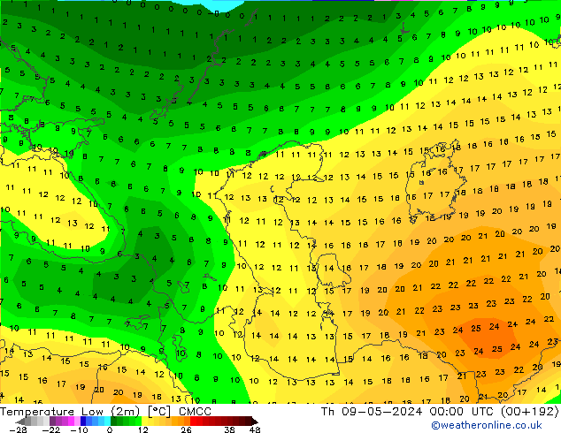 Temp. minima (2m) CMCC gio 09.05.2024 00 UTC