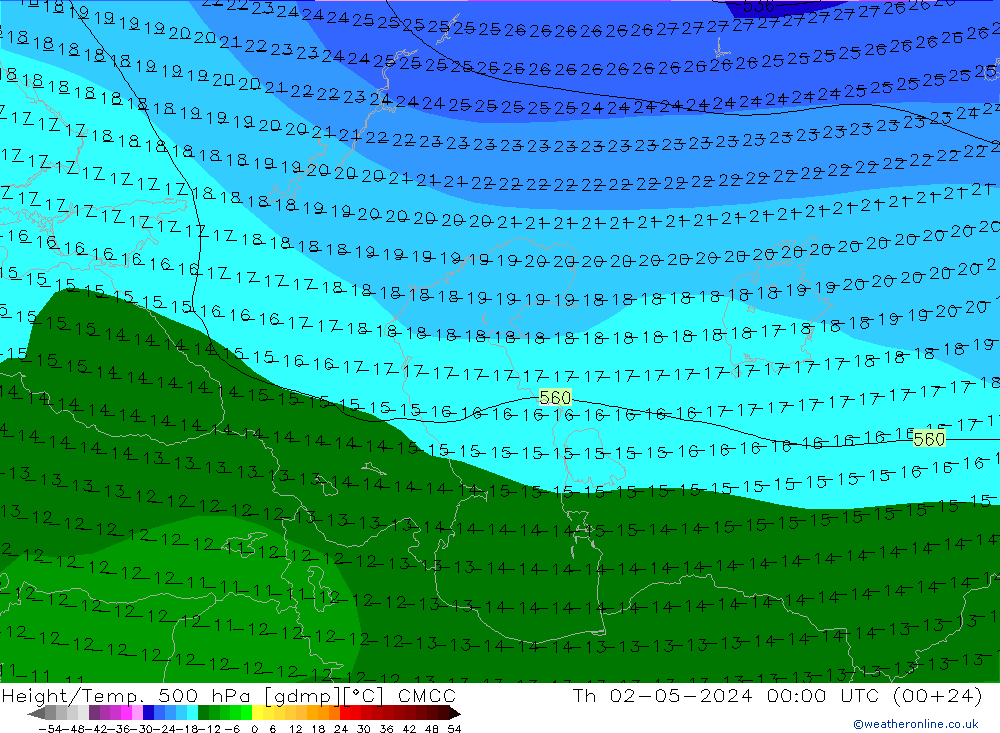 Height/Temp. 500 hPa CMCC Qui 02.05.2024 00 UTC