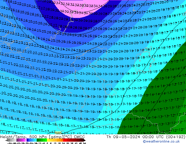 Height/Temp. 500 hPa CMCC Th 09.05.2024 00 UTC