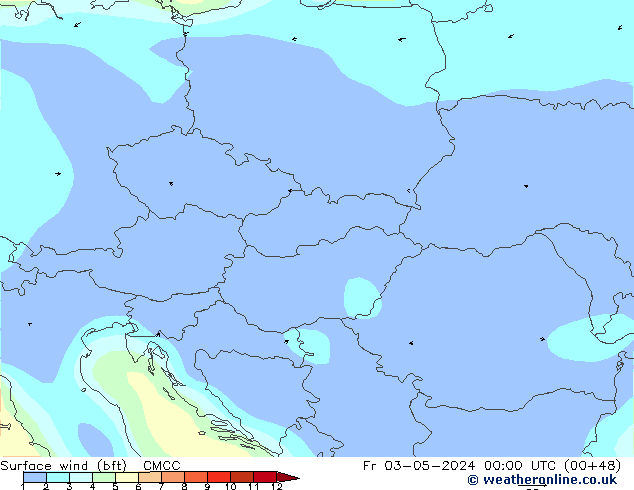 Surface wind (bft) CMCC Pá 03.05.2024 00 UTC