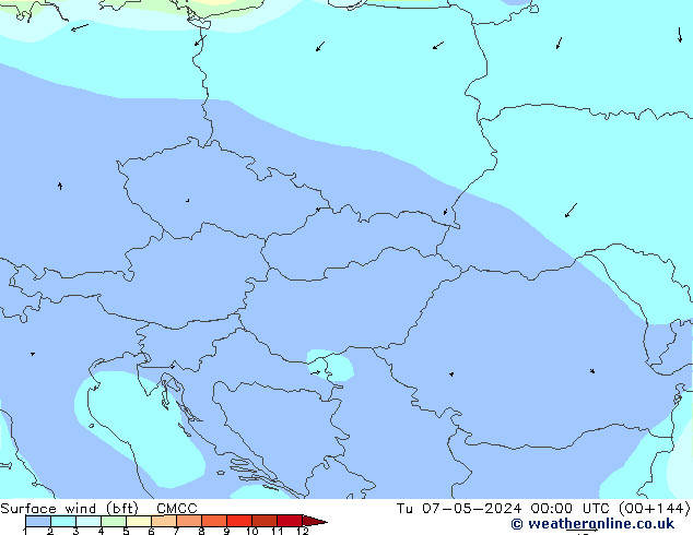 Surface wind (bft) CMCC Út 07.05.2024 00 UTC