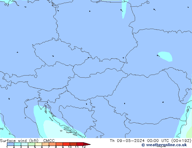 Surface wind (bft) CMCC Čt 09.05.2024 00 UTC