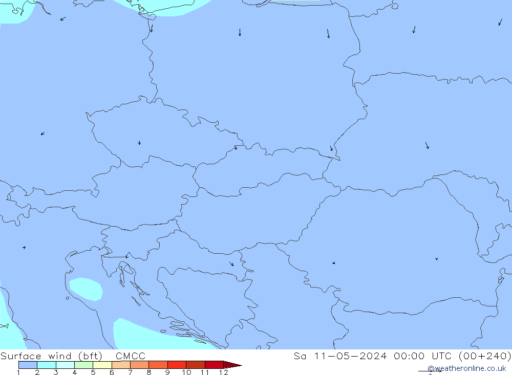 Viento 10 m (bft) CMCC sáb 11.05.2024 00 UTC