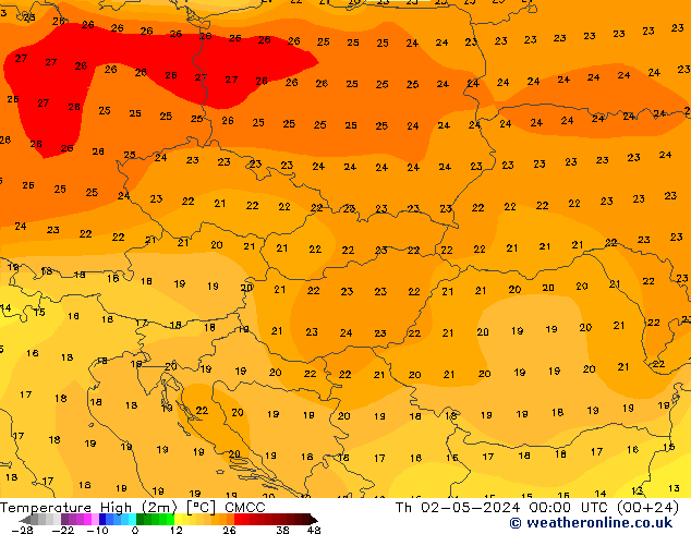 Max.temperatuur (2m) CMCC do 02.05.2024 00 UTC