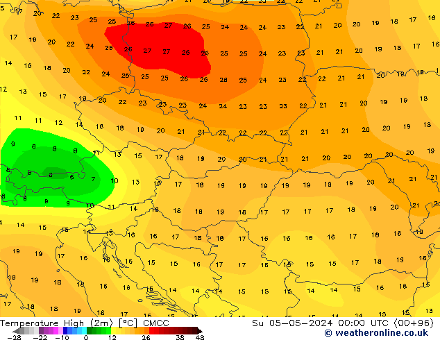 temperatura máx. (2m) CMCC Dom 05.05.2024 00 UTC