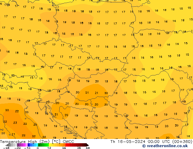 temperatura máx. (2m) CMCC Qui 16.05.2024 00 UTC