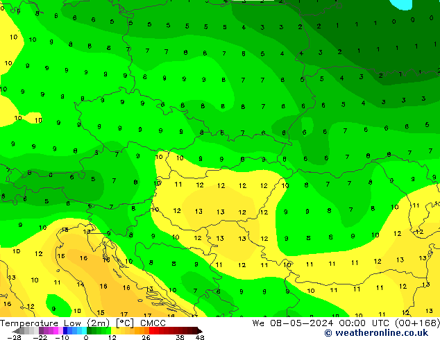 Temperatura mín. (2m) CMCC mié 08.05.2024 00 UTC