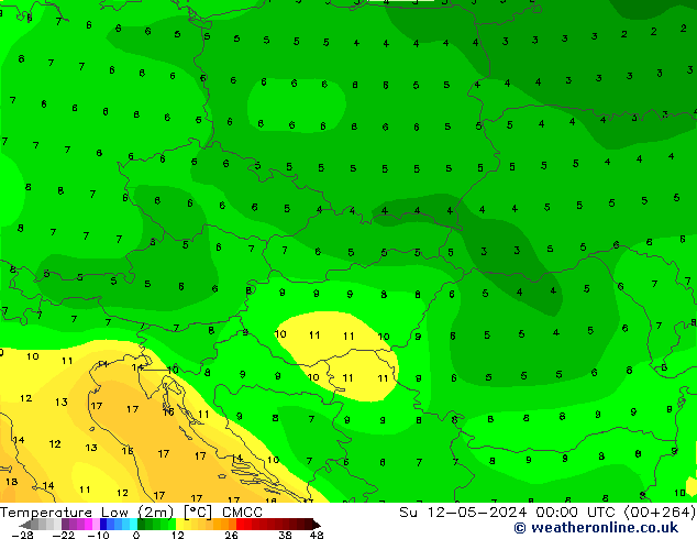 Temperature Low (2m) CMCC Su 12.05.2024 00 UTC