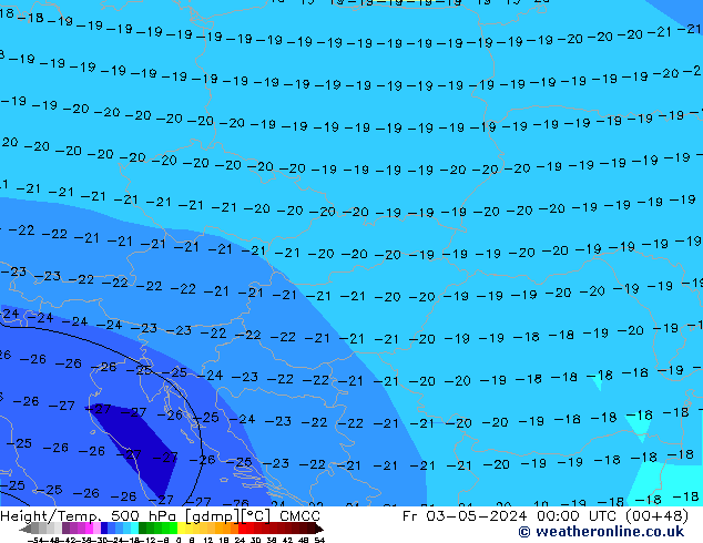 Hoogte/Temp. 500 hPa CMCC vr 03.05.2024 00 UTC