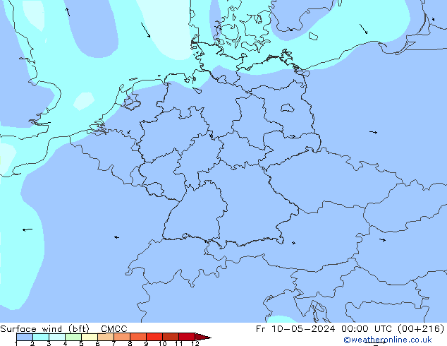 Surface wind (bft) CMCC Pá 10.05.2024 00 UTC