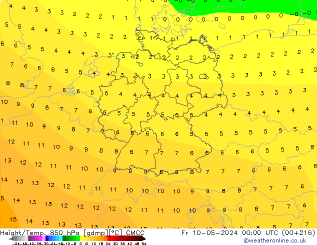 Geop./Temp. 850 hPa CMCC vie 10.05.2024 00 UTC