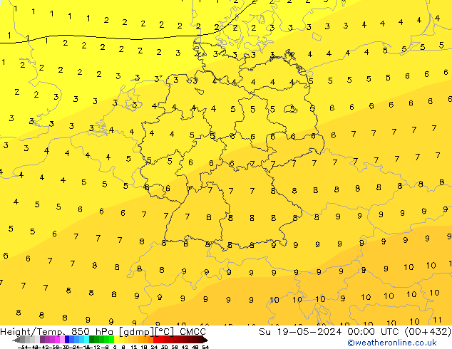 Height/Temp. 850 hPa CMCC dom 19.05.2024 00 UTC