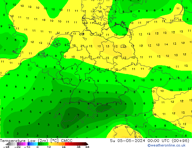 Min.temperatuur (2m) CMCC zo 05.05.2024 00 UTC