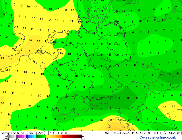 Min.temperatuur (2m) CMCC wo 15.05.2024 00 UTC