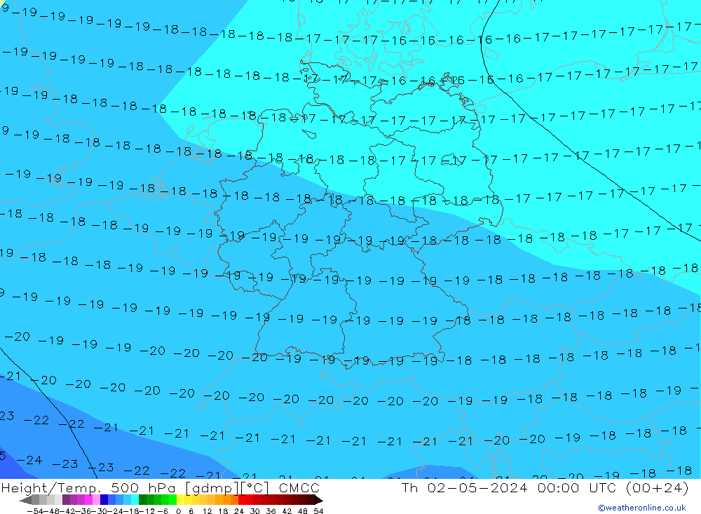 Height/Temp. 500 hPa CMCC Čt 02.05.2024 00 UTC